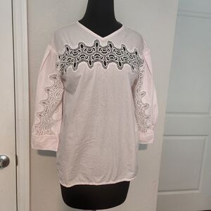 Women's Pale Pink V-Neck Lace-Panel Blouse